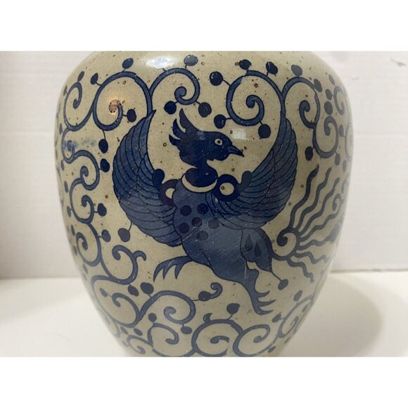 Vintage Cobalt Blue Gray Porcelain Ginger Jar Lid Phoenix Pattern 8" High - Picture 2 of 10